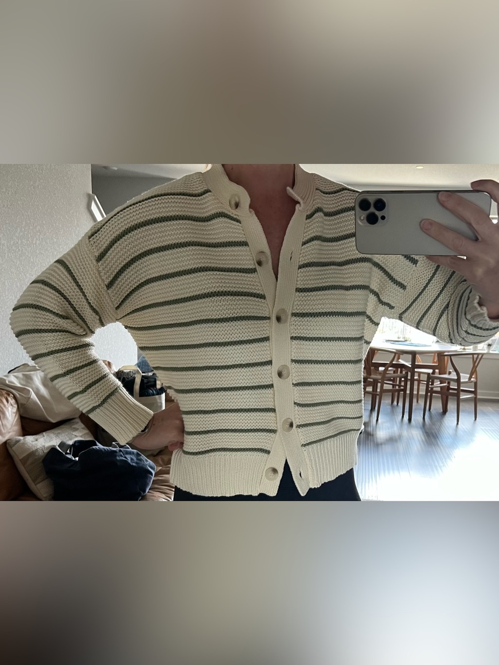Cream & Sage Striped Knit Button-Front Cardigan